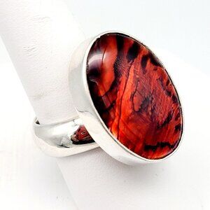 Charles Albert Red Abalone Bypass Ring 950 Fine Sterling Silver Adjustable EUC